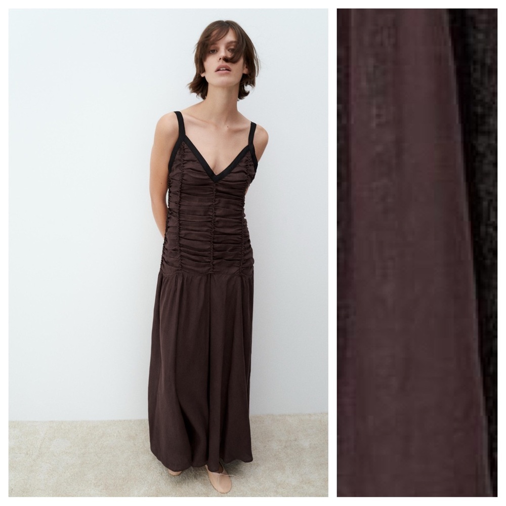 NWT. Zara Maroon 100% Linen Yarn Contrast Draped Dress. Size S.
